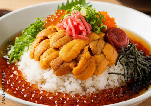 Indulgent Japanese culinary experience: A beautifully presented Uni and Ikura Don, a true delight for seafood lovers