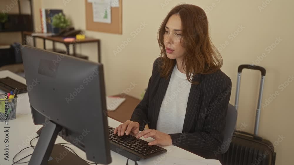 Woman working on computer at office desk focusing intently while typing, dressed in business attire with luggage nearby symbolizing work travel and efficient office decor. Woman working on computer at office desk focusing intently while typing, dressed in business attire with luggage nearby symbolizing work travel and efficient office decor.