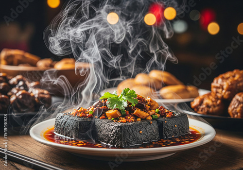 Deliciously infamous: Steaming Stinky Tofu, a must-try for adventurous foodies, garnished with fresh herbs and spicy dressing.