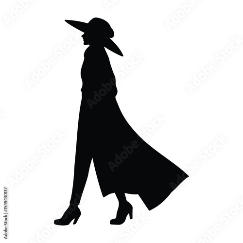silhouette of elegant woman wearing long gown wide brimmed hat illustration