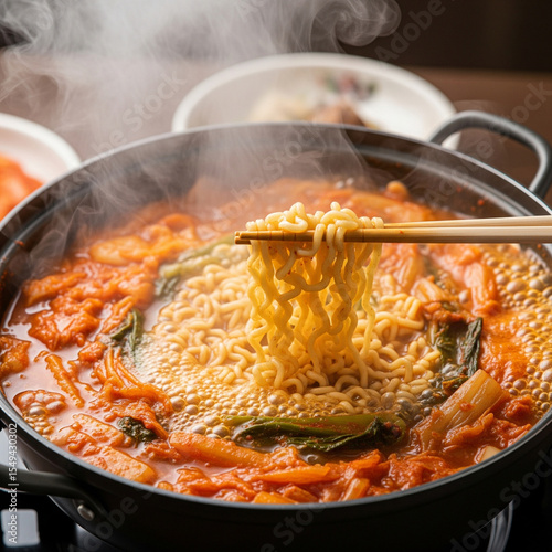 A warm and hearty Korean ramen dish, filled with rich broth and various ingredients, served bubbling hot on a stove