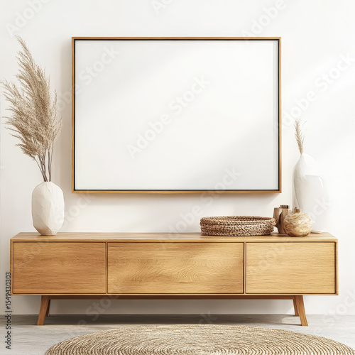 White framed mirror is on a wooden cabinet photo