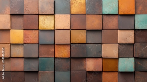 This vibrant image showcases a mosaic of square tiles in a variety of earthy tones and textures, creating a visually intriguing and artistic wall display that captivates viewers.