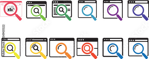 Colorful browser windows with magnifying glass icons