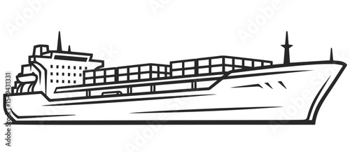  Icon of a large modern tanker or cargo ship with a large and heavy cargo, tanker icon line black color.