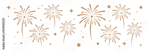 A festive pattern design featuring gold fireworks
and stars on a pure white background