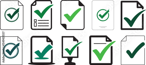 Green check mark icons on documents, approved files