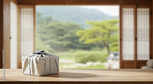 Traditional Korean Gift Wrapped in Fabric on a Wooden Table