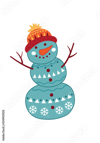 Cartoon snowman with knit hat and carrot nose, decorated with snowflakes and triangles. Festive vector for Christmas, New Year, children's textiles, gift wrap, and winter crafts.
