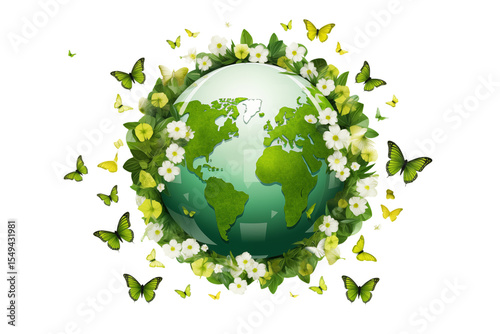 Eco-Friendly Earth: Green Planet, Butterflies, and Flowers - Environmental Conservation transparent background png