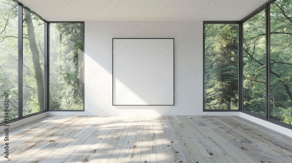 Fototapeta premium A clean, empty interior features a blank painting frame. Large panoramic windows offer a view of a lush, green forest. Daylight illuminates the room