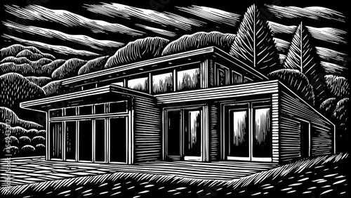 Scandinavian house with clean lines, wide windows, and natural materials, a black and white sketch vector