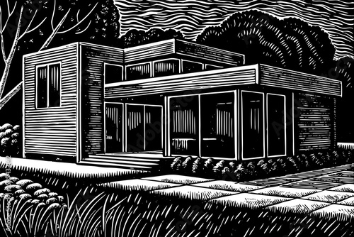 Scandinavian house with clean lines, wide windows, and natural materials, a black and white sketch vector