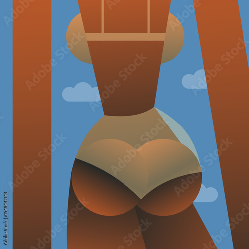 Black Woman in bikini, back view. Female in 3d form. Beautiful sexy figure in bra and panties from behind. Girl in underwear. Flat vector illustration on blue sky background.