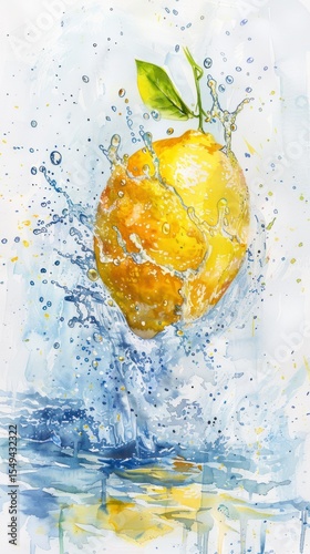 A ripe lemon plunges into water, creating dynamic splashes. The watercolor technique highlights the lightness, transparency, and movement of water and the fruit's texture