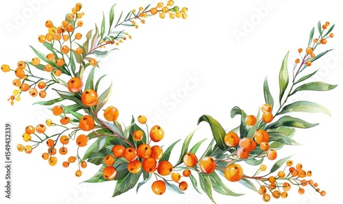 A hand-painted watercolor wreath showcases vibrant sea buckthorn branches adorned with bright orange berries and lush green leaves, set against a clean white background