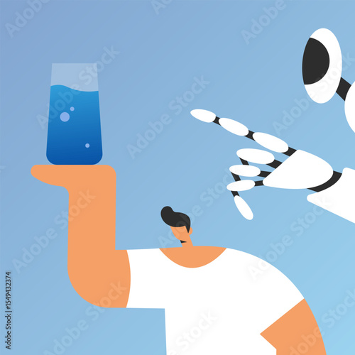 People drinking clean fresh water with AI Robot. Healthy hydration with pure water liquid. Characters with glass. Flat vector illustration on white background.