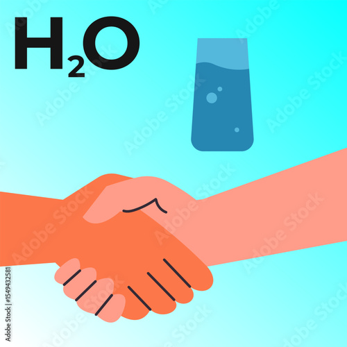 People handshake for drinking clean fresh water. Healthy hydration with pure water liquid. Characters with glass. Flat vector illustration on white background.