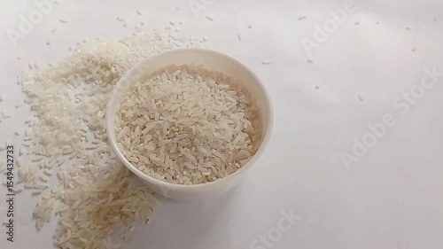 Someone is taking white rice in the palm and pouring it back. Dry rice is preparing. Japanese cuisine. Slow motion. Close up. Food video. Cooking rice.
