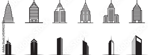 Modern city skyscraper building icons set