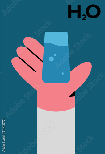 Human hand with drinking clean fresh water. Healthy hydration with pure water liquid. Character with glass. Flat vector illustration on white background.