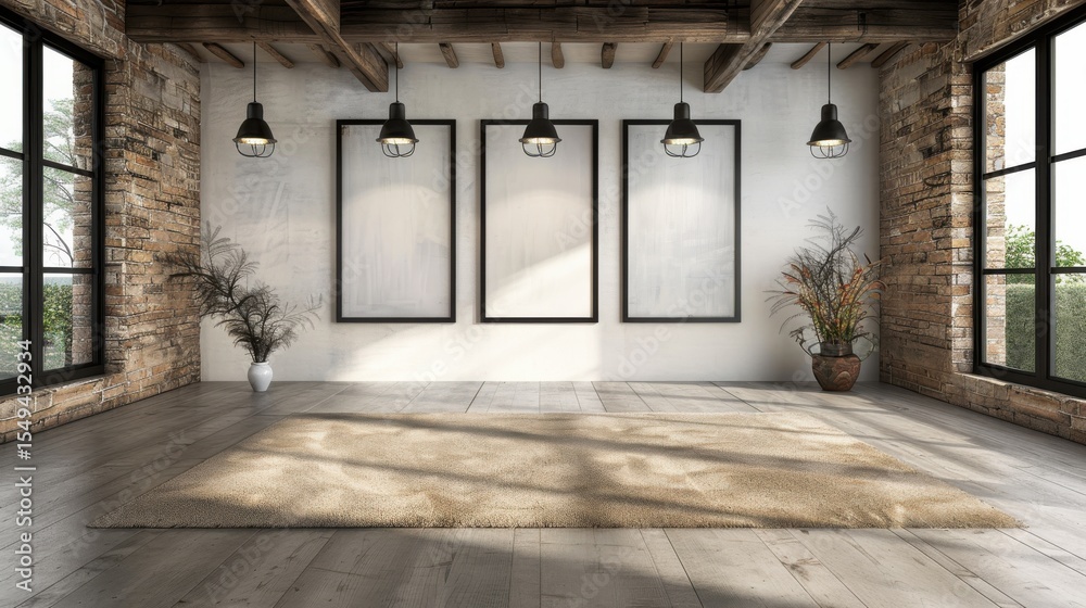 Obraz premium An empty and inviting industrial space filled with natural light, perfect for creativity and expression, with exposed brick walls and minimalist decor, showcasing versatility.