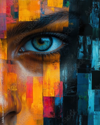 A person’s face is presented in a surreal style. One half is a realistic portrait, while the other blends seamlessly into an oil painting with vibrant color blocks