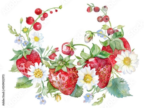 Watercolor painting shows a round wreath composition with ripe strawberries, white daisies, small blue flowers, and bright red berries against a clean white background