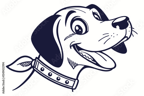 Playful dog cartoon shows open mouth with visible tongue and stylish collar