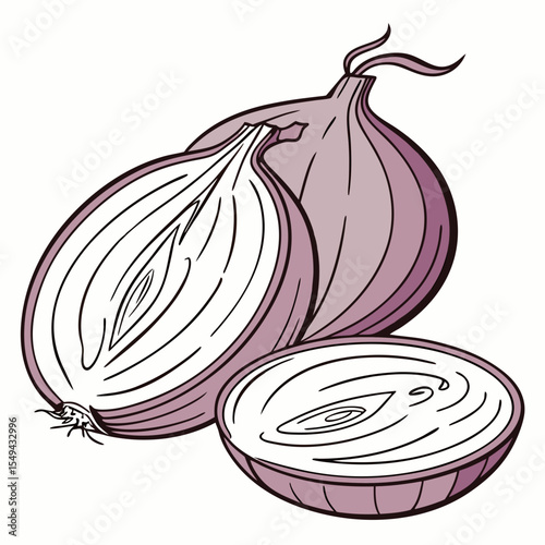 Illustration of Whole Half and Sliced Red Onions on a White Background