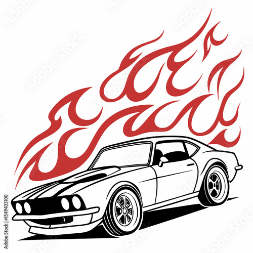 Classic Muscle Car with Flames Illustration Vector Artwork for Graphic Design