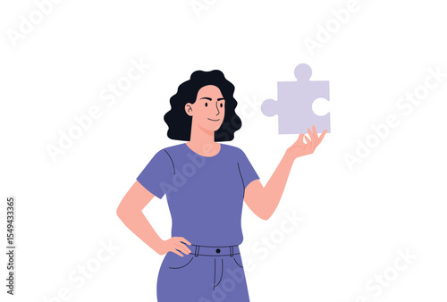 Woman Holding Puzzle Piece Finding Solution Vector Illustration.