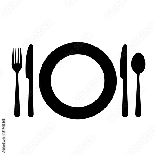 Simple black and white plate setting with utensils silhouette