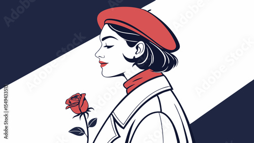 stylish woman with short dark hair, wearing a red beret and holding a rose, on a plain navy blue white background vector illustration 