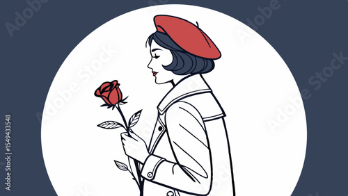 stylish woman with short dark hair, wearing a red beret and holding a rose, on a plain navy blue white background vector illustration 