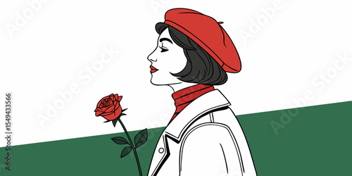 stylish woman with short dark hair, wearing a red beret and holding a rose, on a plain green white background vector illustration 