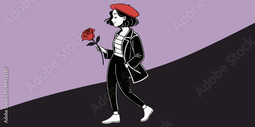 stylish woman with short dark hair, wearing a red beret and holding a rose, on a plain black purple background vector illustration 