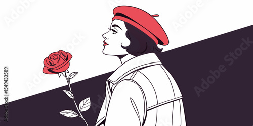 stylish woman with short dark hair, wearing a red beret and holding a rose, on a plain black white background vector illustration 