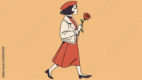 stylish woman with short dark hair, wearing a red beret and holding a rose, on a plain orange background vector illustration  