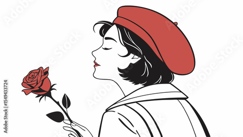 stylish woman with short dark hair, wearing a red beret and holding a rose, on a plain white background vector illustration.