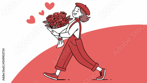 happy Valentine's Day. Cheerful fashionable lady in a crimson outfit and matching beret standing against pink white background with red roses vector illustration 