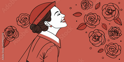 happy Valentine's Day. Cheerful fashionable lady in a crimson outfit and matching beret standing against red background with red roses vector illustration 
