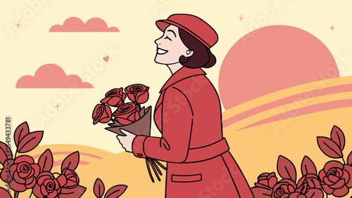 happy Valentine's Day. Cheerful fashionable lady in a crimson outfit and matching beret standing against sun settings background with red roses vector illustration 
