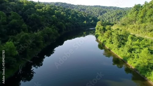 Sunrise River Through Forest Hills – Aerial Cinematic Nature View