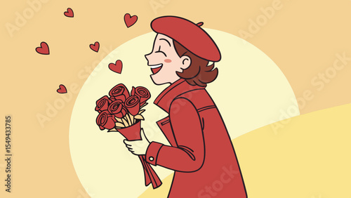 happy Valentine's Day. Cheerful fashionable lady in a crimson outfit and matching beret standing against sun settings background with red roses vector illustration 