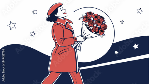 happy Valentine's Day. Cheerful fashionable lady in a crimson outfit and matching beret standing against navy blue  white  background with red roses vector illustration 
