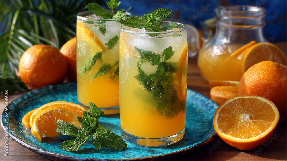 Fototapeta premium Refreshing Orange Lemonade with Fresh Mint Leaves – Summer Drink Concept