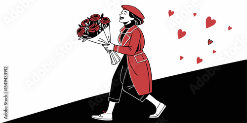 happy Valentine's Day. Cheerful fashionable lady in a crimson outfit and matching beret standing against black white  background with red roses vector illustration 