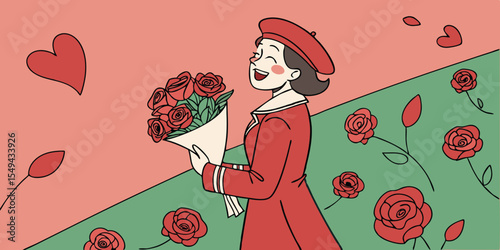 happy Valentine's Day. Cheerful fashionable lady in a crimson outfit and matching beret standing against green pink background with red roses vector illustration 