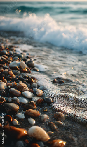 Coastal serenity revealed through pebbles meeting gentle waves a tranquil dance of water and stone